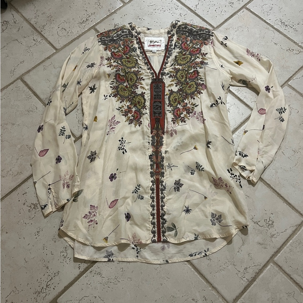 Johnny Was Bania Cupra Embroidered Blouse Tunic Top